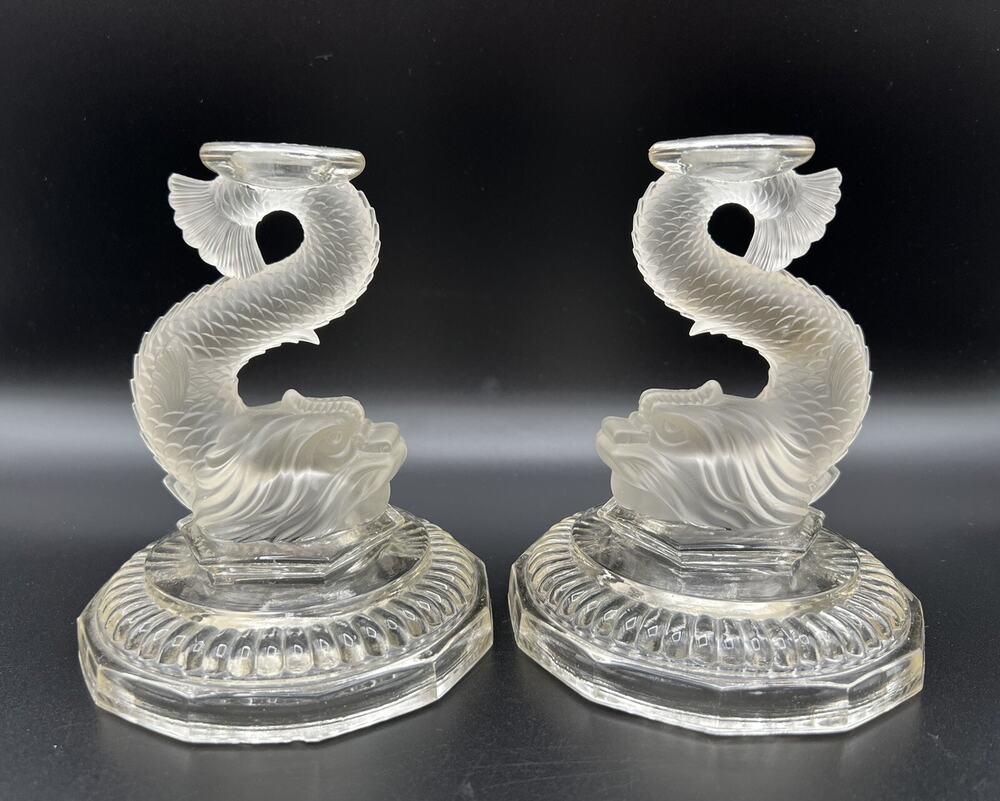 Satin Frosted Glass Dolphin Koi Fish Taper Candle Holder 6” Pair Asian Decor